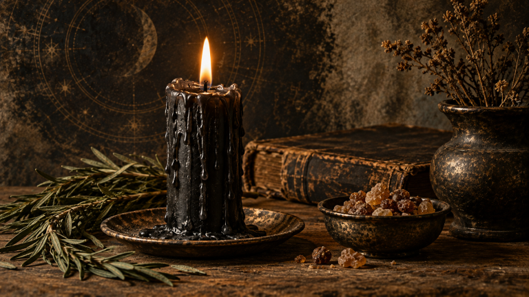 Altar con vela negra y hierbas, imagen principal del artículo sobre la vela negra