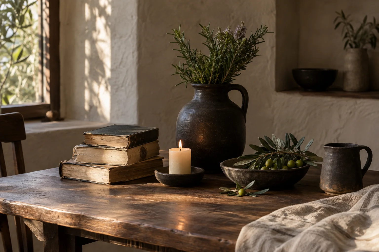 Libros, vela, cerámica y romero en un hogar mediterráneo