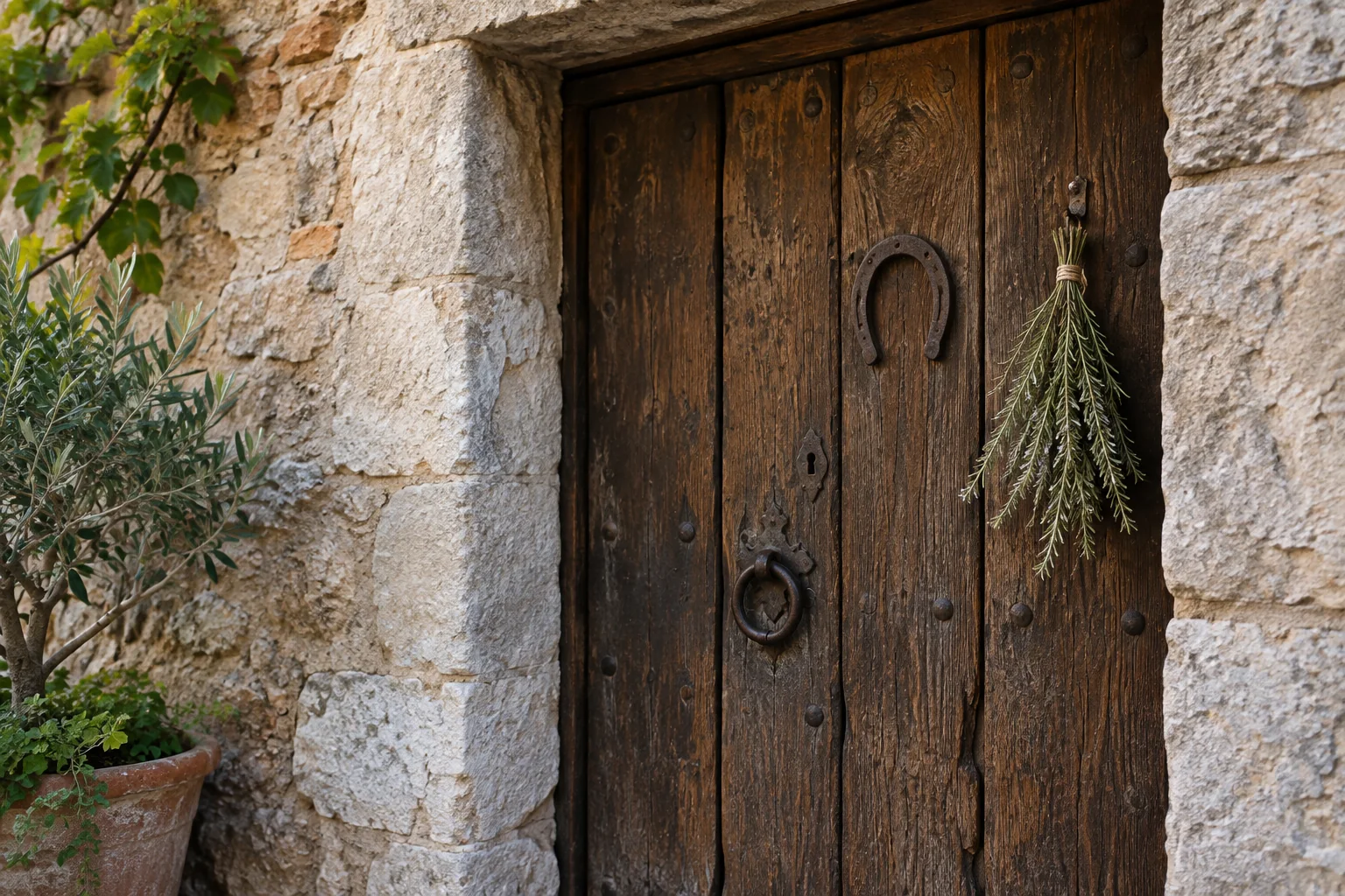 Herradura y romero en una antigua puerta mediterránea de madera