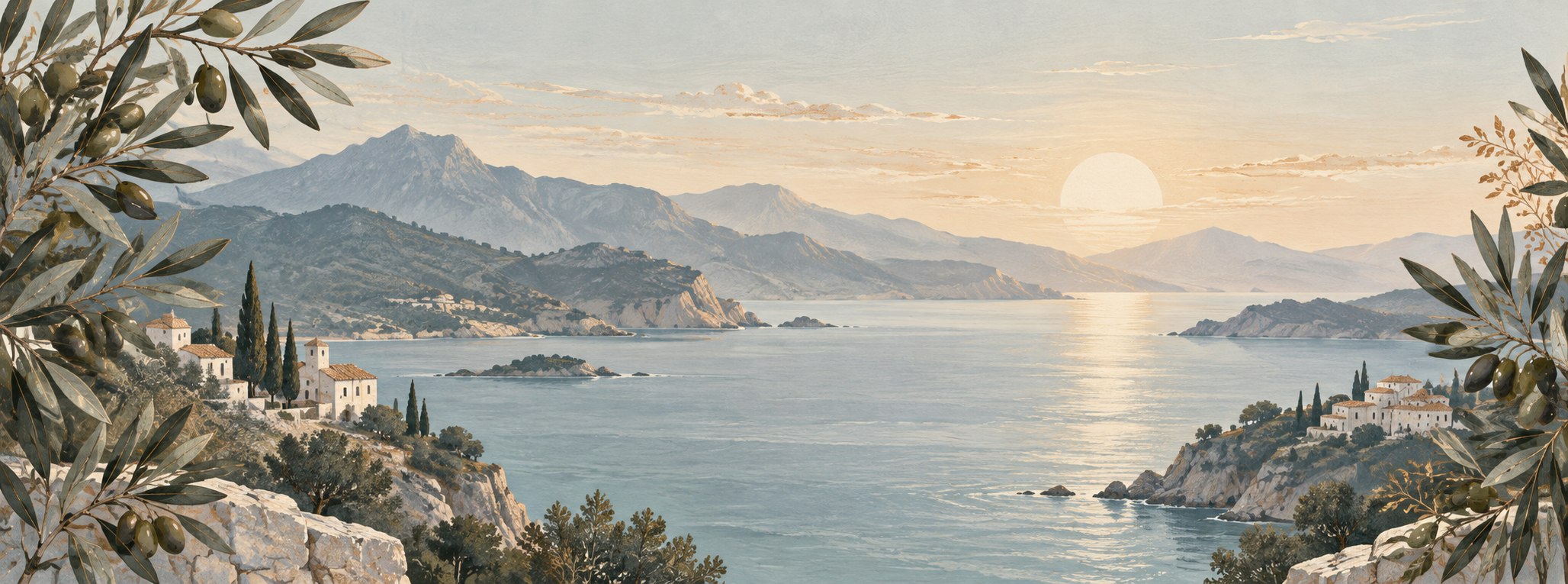 Paisaje mediterráneo ilustrado al amanecer