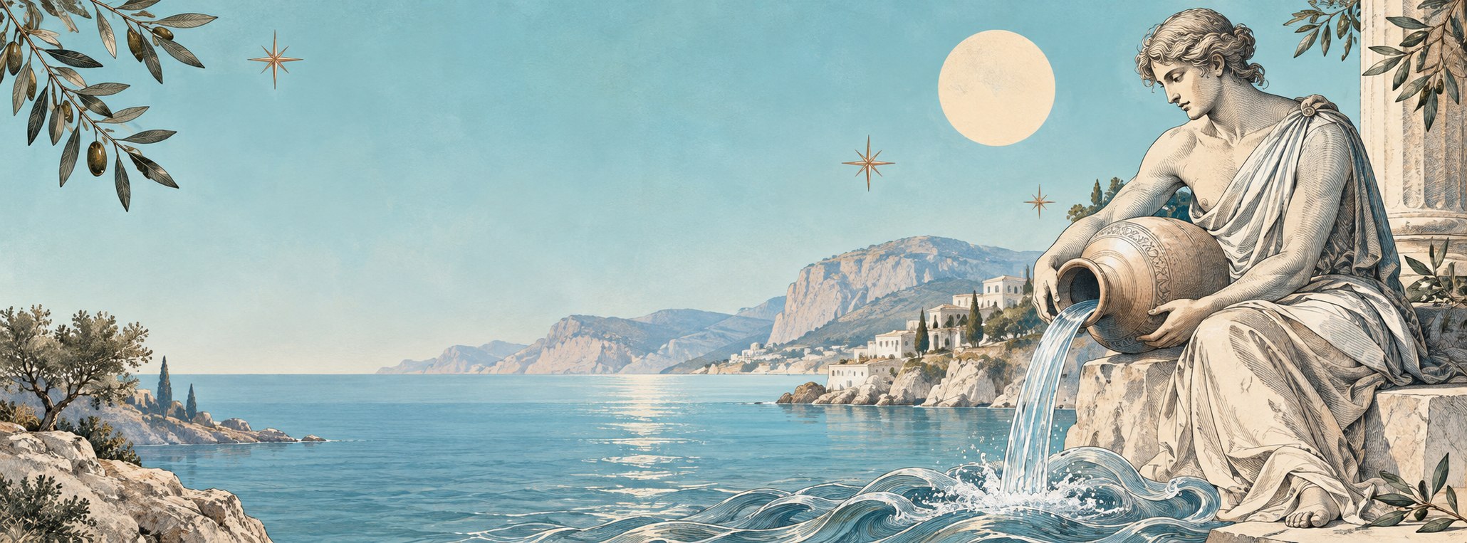 El aguador ante una costa mediterránea ilustrada