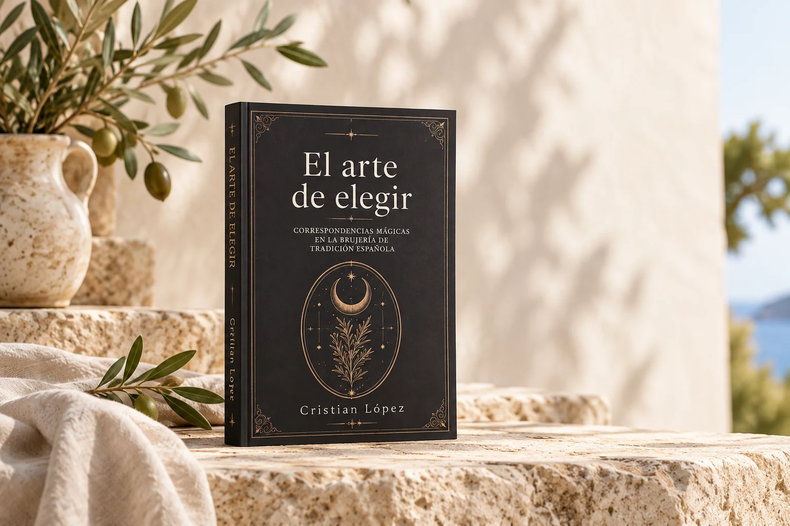 El arte de elegir, libro A5 de cubierta oscura en un ambiente mediterráneo
