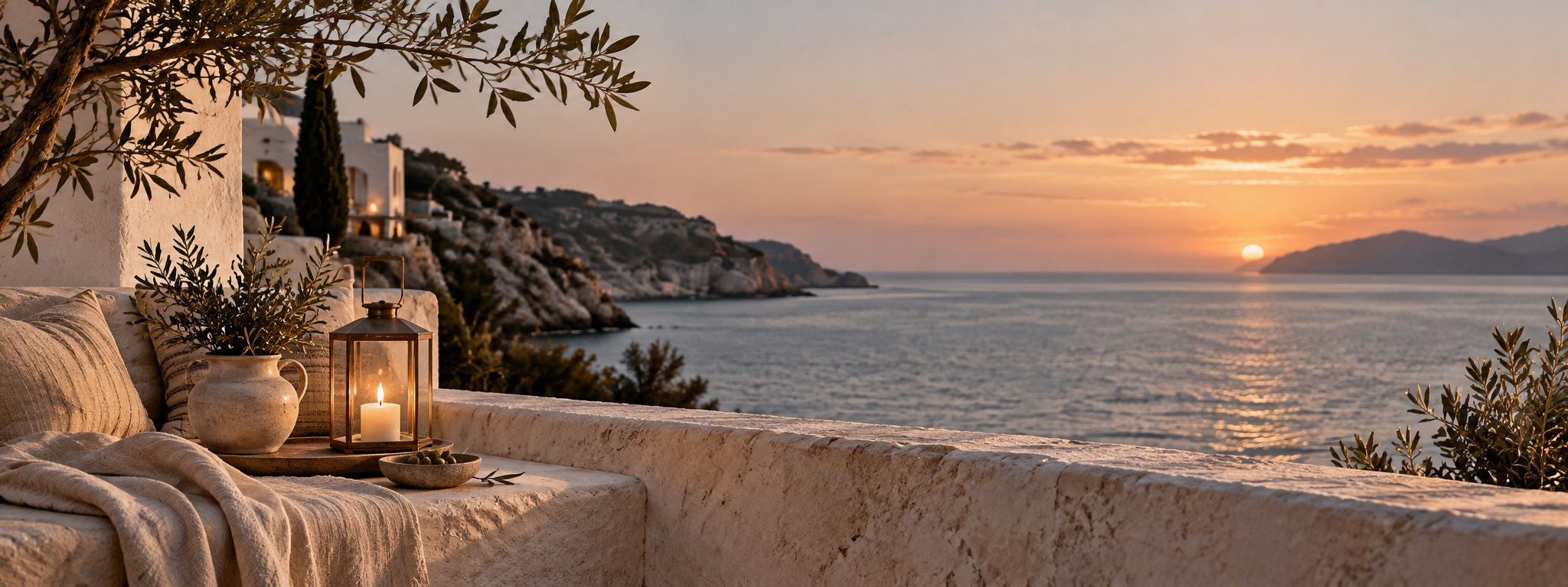 Terraza mediterránea con farol y vistas al mar al atardecer