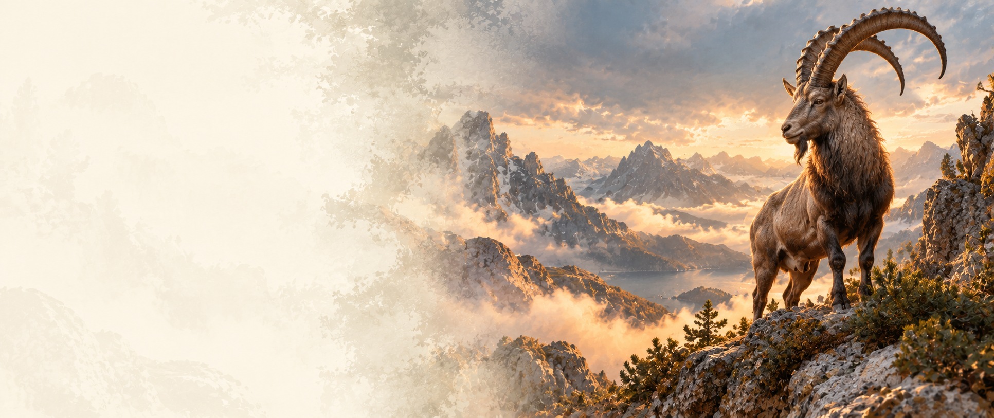Cabra montés sobre una cumbre rocosa iluminada al atardecer