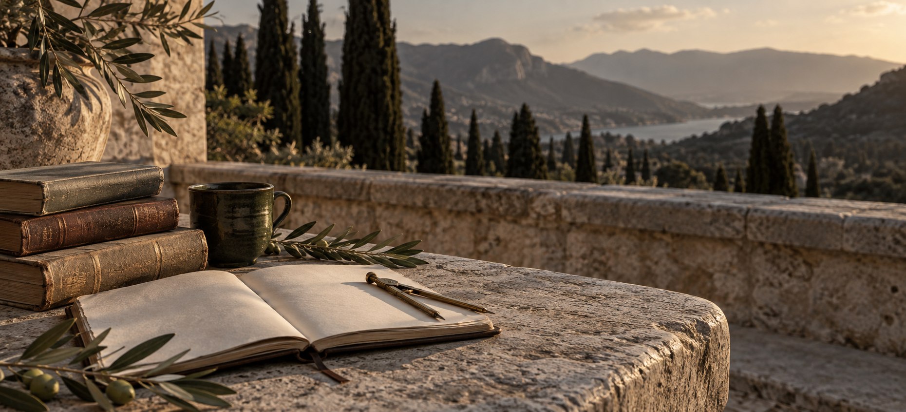 Cuaderno, libros y taza sobre una terraza mediterránea