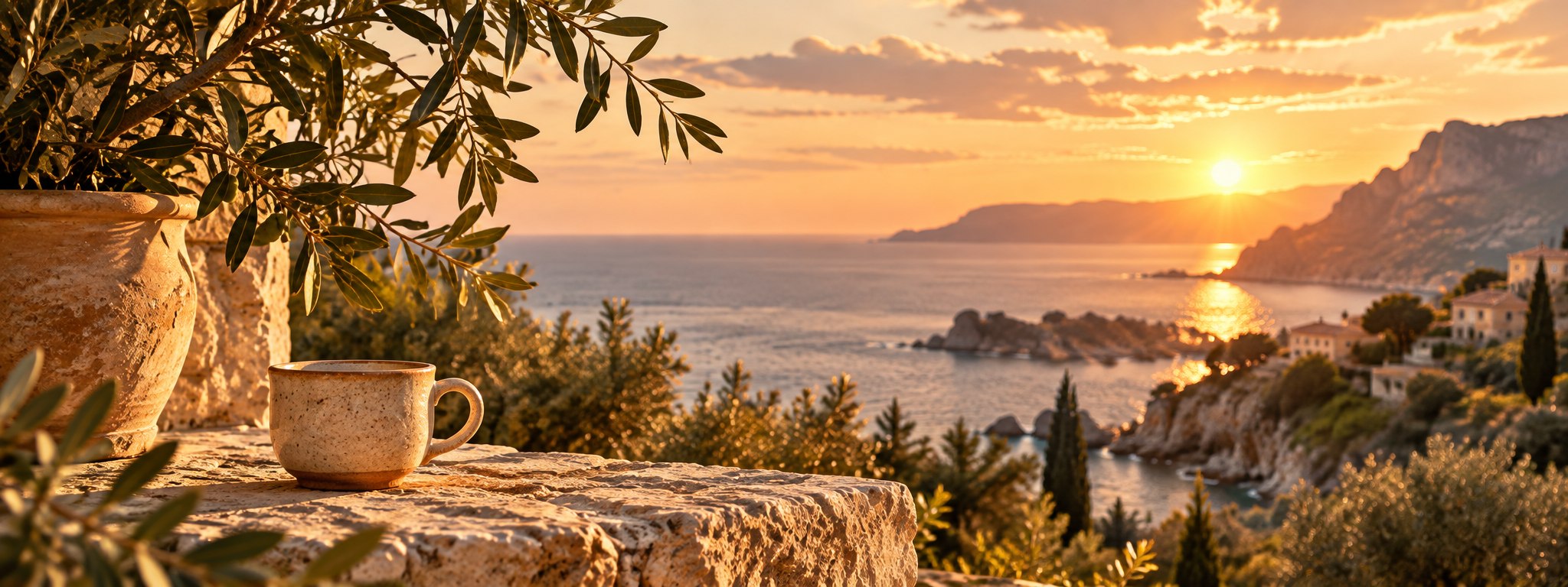 Taza de cerámica y olivo frente a una costa mediterránea al atardecer