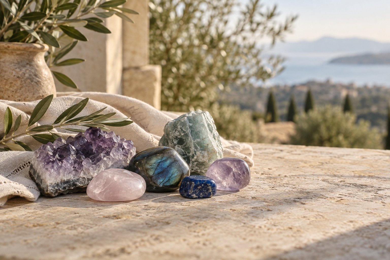 Selección de cristales sobre una mesa de piedra mediterránea