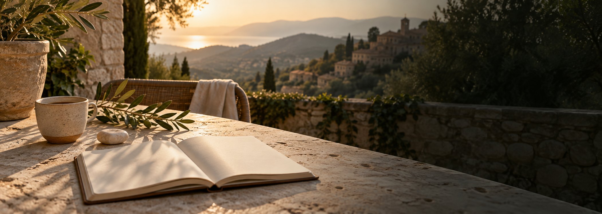 Cuaderno abierto y cerámica frente a un paisaje mediterráneo