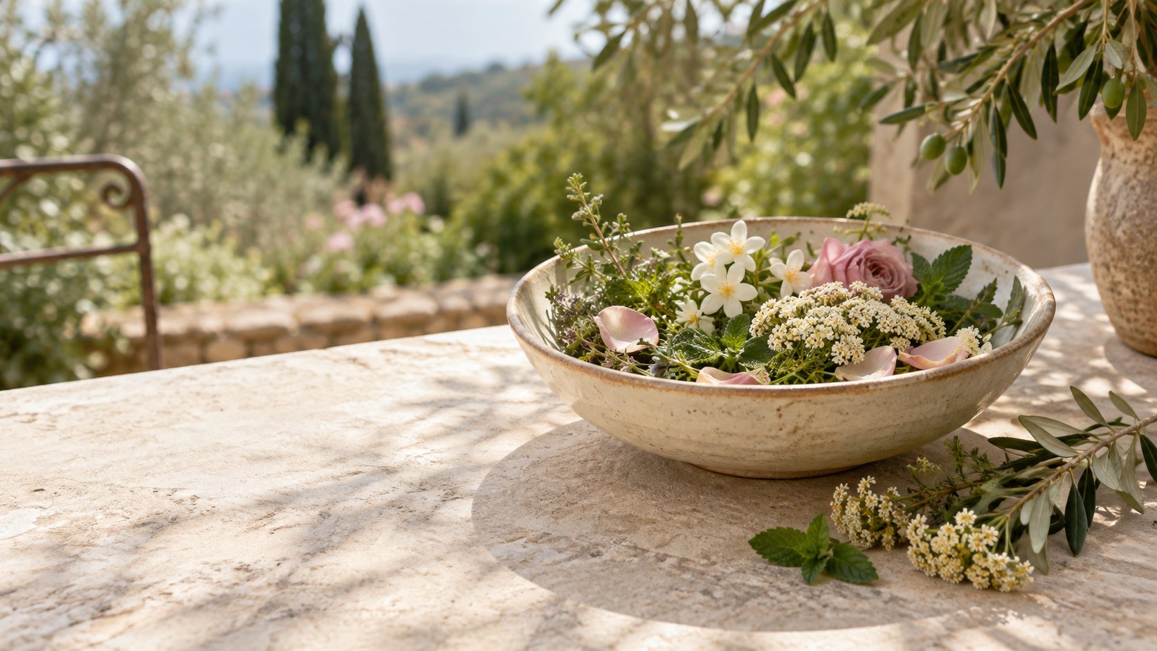 Hierbas aromáticas y flores en cerámica sobre una mesa mediterránea