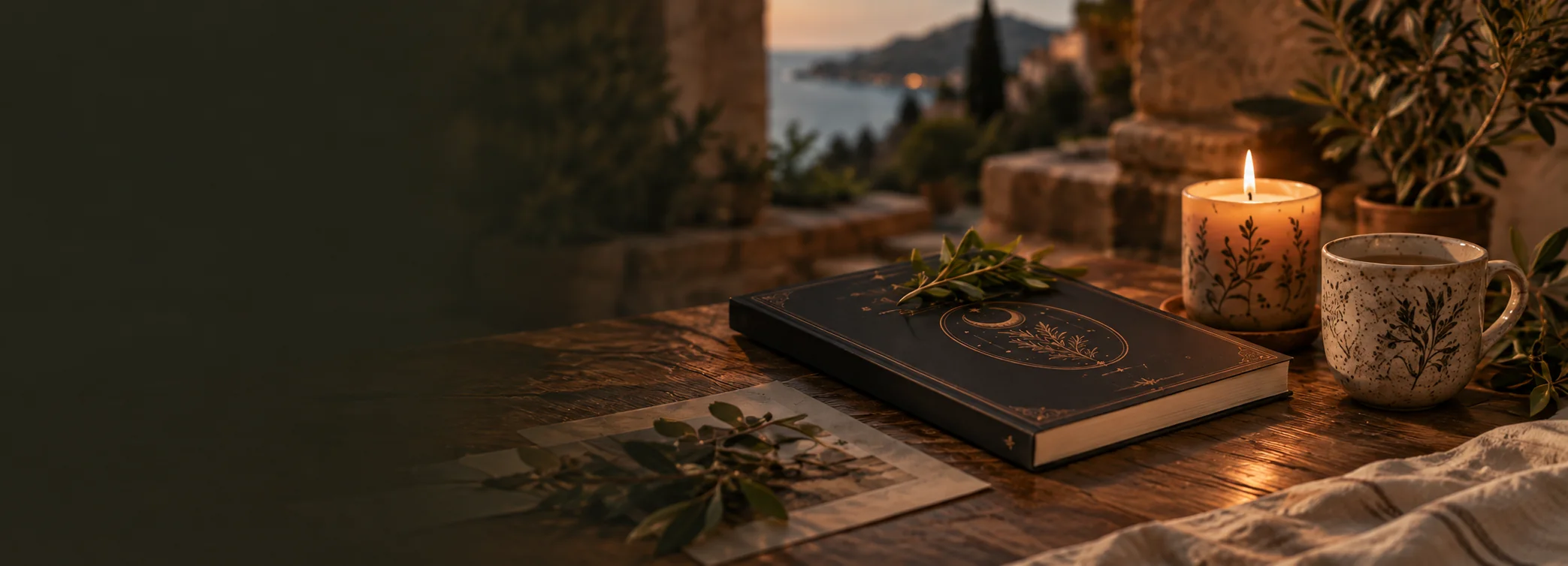 Libro, cuaderno, vela y ramas de olivo sobre una mesa mediterránea