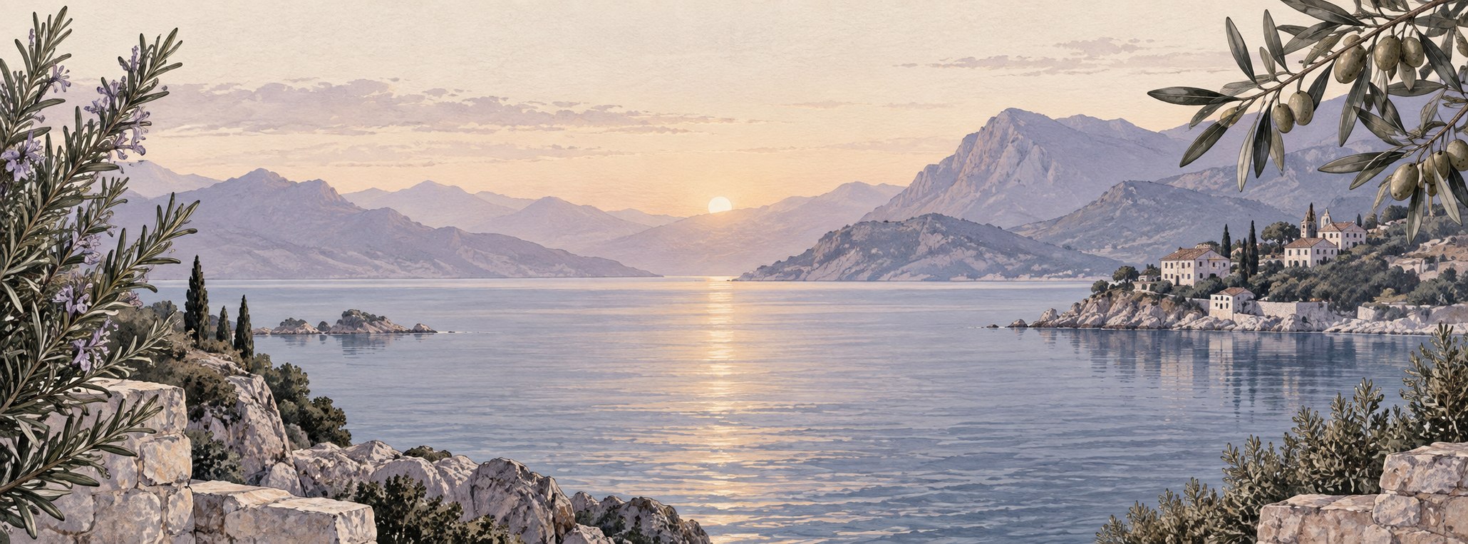 Costa mediterránea ilustrada al amanecer