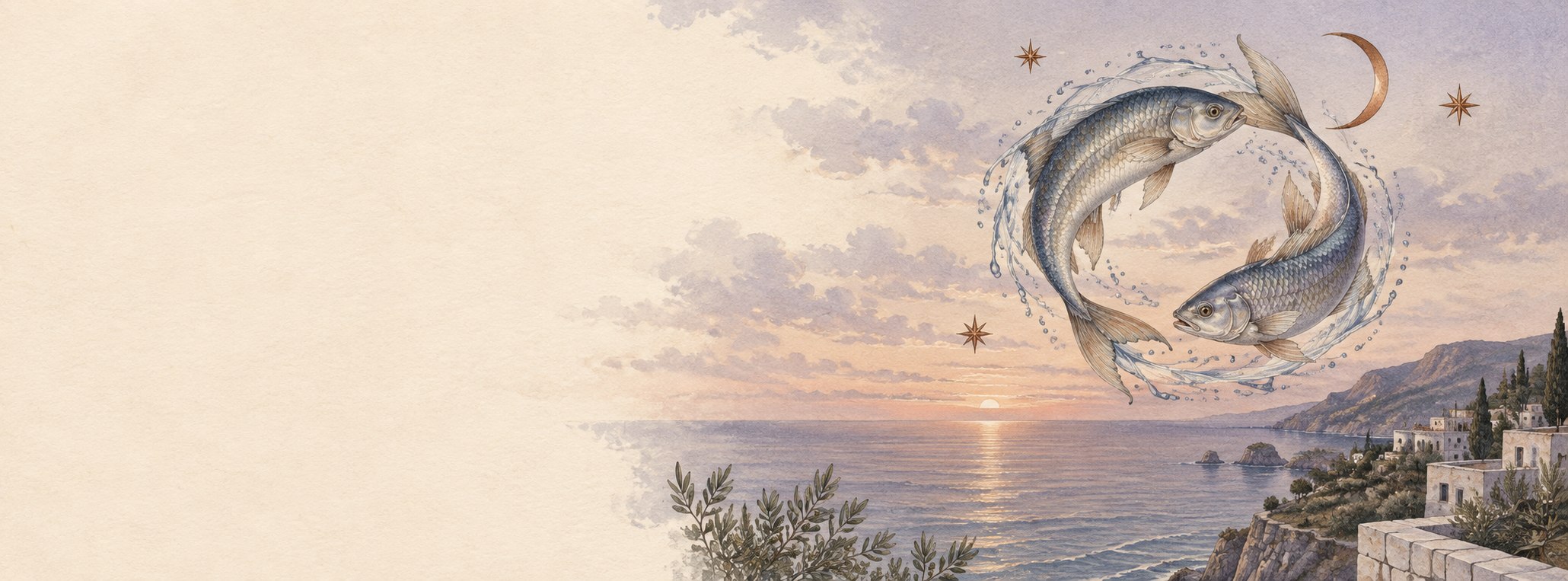 Dos peces sobre una costa mediterránea ilustrada al crepúsculo