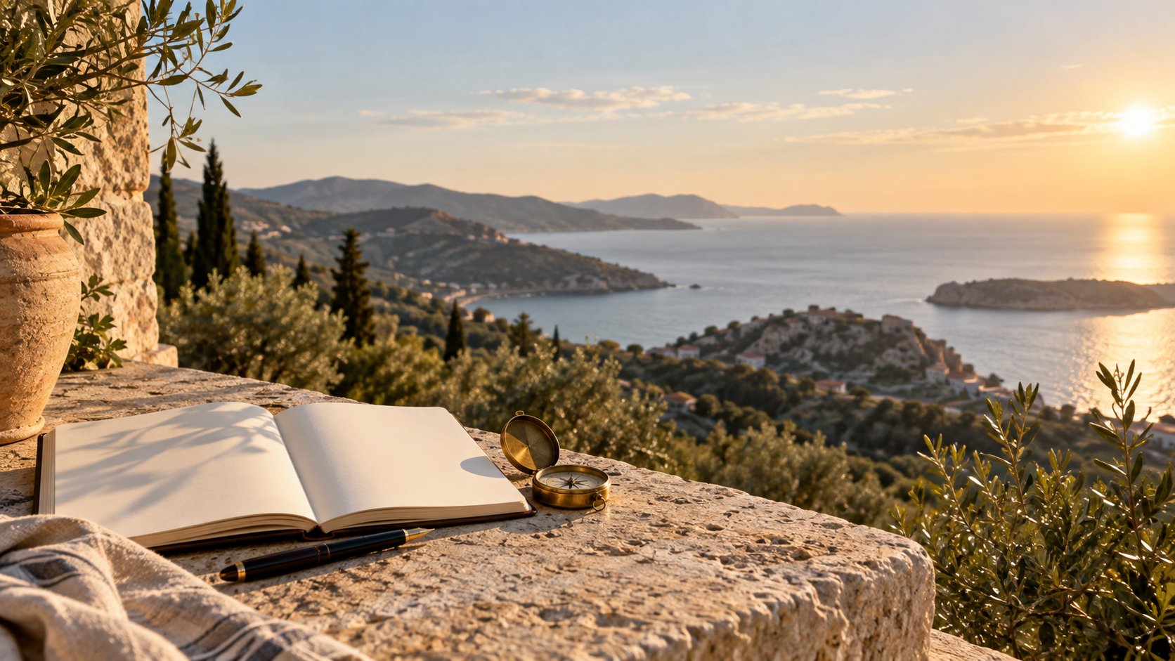 Cuaderno y brújula frente a un horizonte mediterráneo