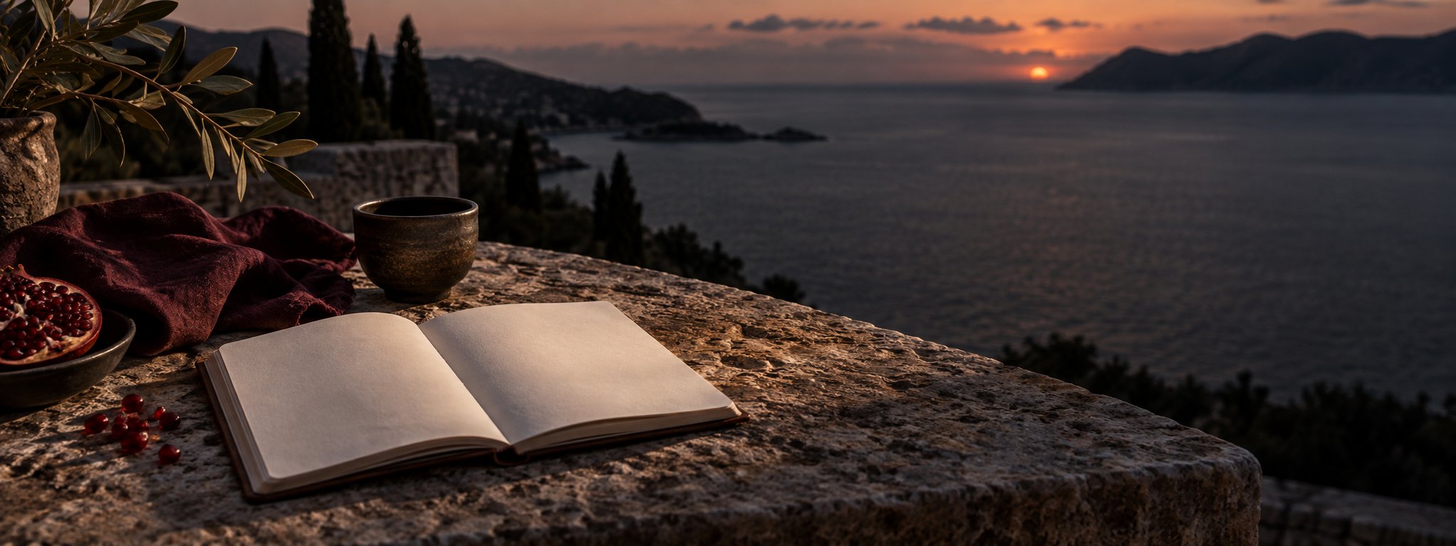 Cuaderno abierto sobre piedra frente al mar al anochecer