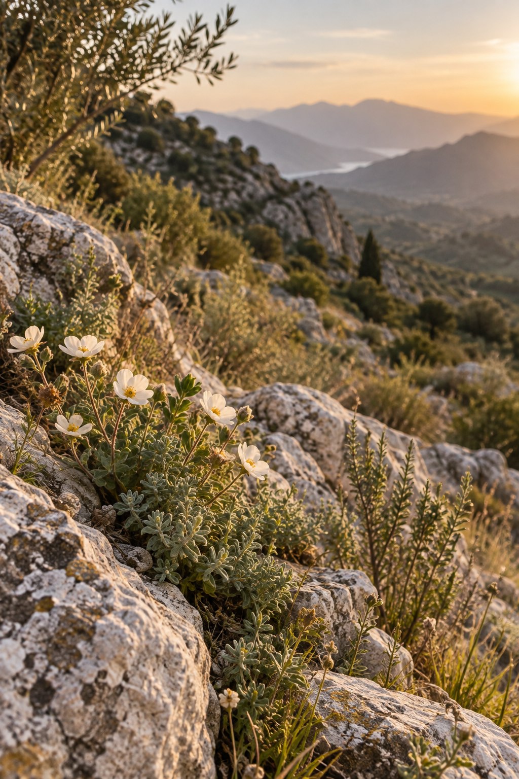 Flores silvestres que crecen entre la piedra de una ladera mediterránea