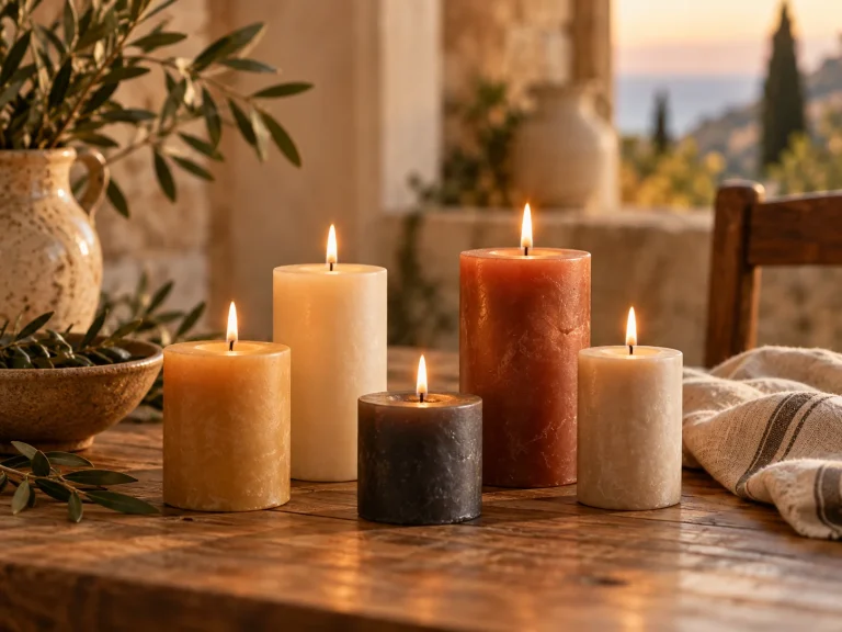 Velas encendidas de distintos colores sobre mesa de madera en ambiente mediterráneo.