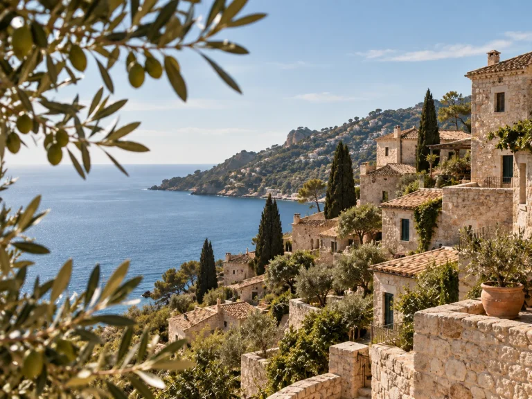 Paisaje costero mediterráneo con casas de piedra, cipreses y mar azul.
